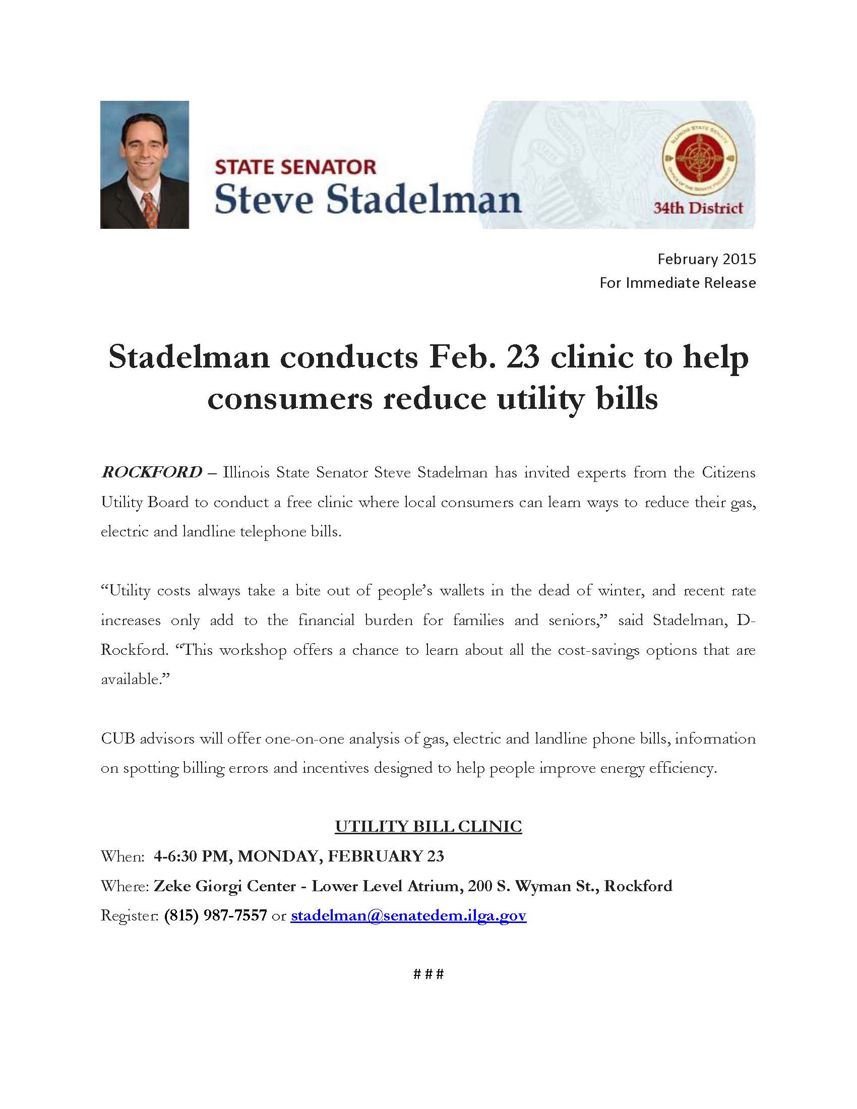 sen. stadelman hosting cub clinic to help consumers reduce utility bills