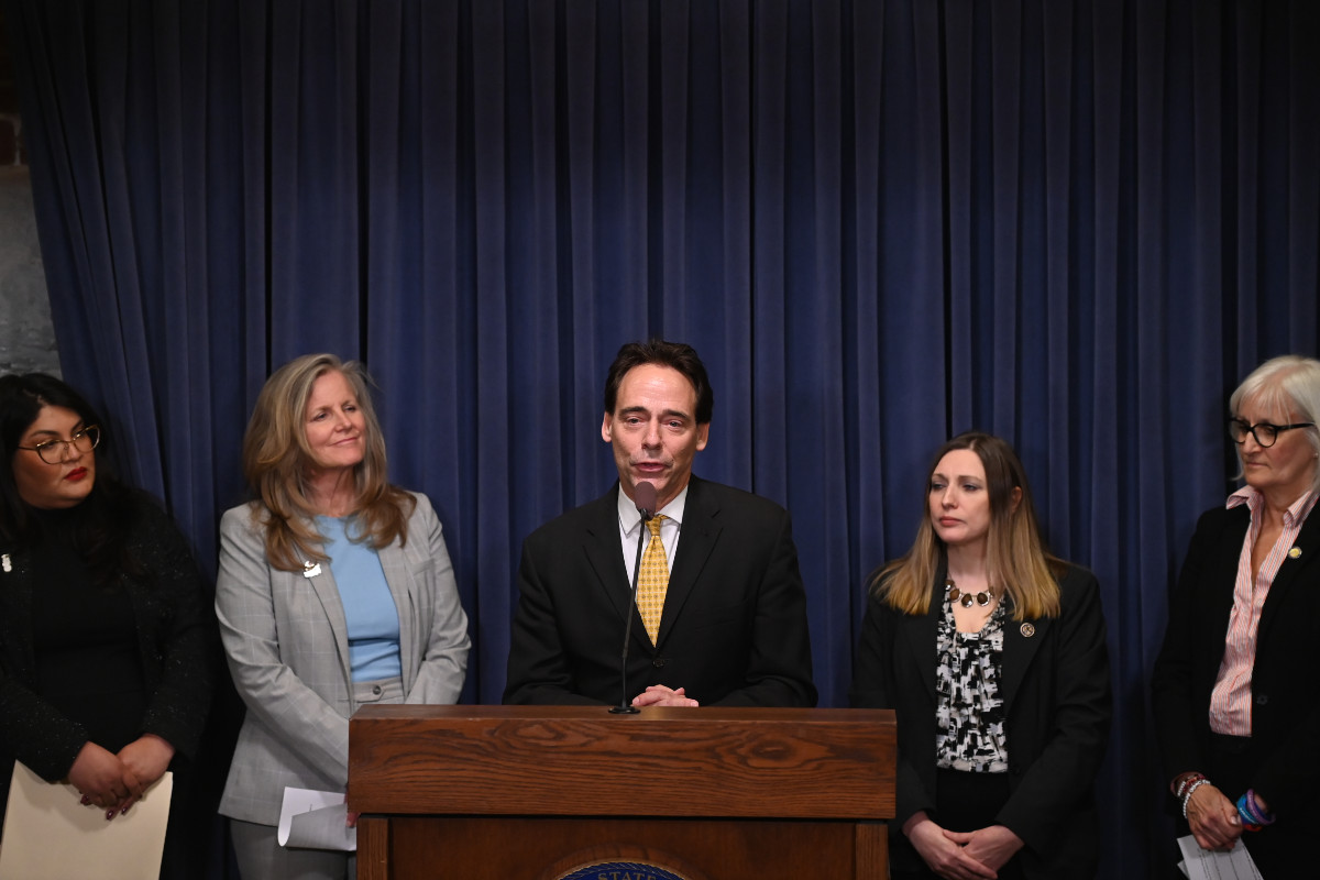 (Photo) State Senator Steve Stadelman speaking at a press conference